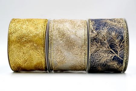 Glitter Pine Leaves Sheer Wired Ribbon - Glitter Pine Leaves Sheer Wired Ribbon